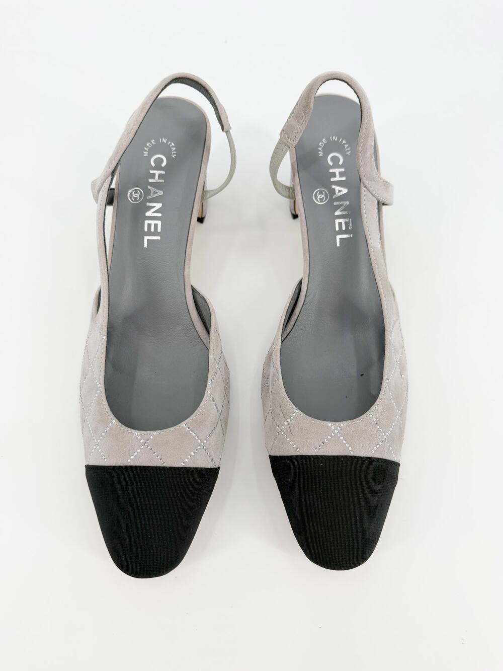 Chanel Quilted Suede Slingback Gray Crystal CC Logo Pumps Heels Size 43 EU 12